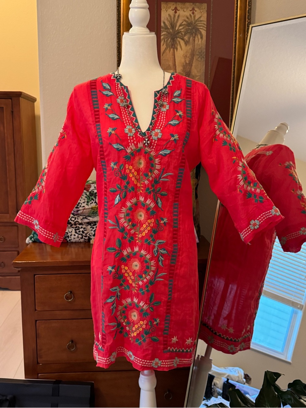 Kids Red Embroidered Tunic Dress